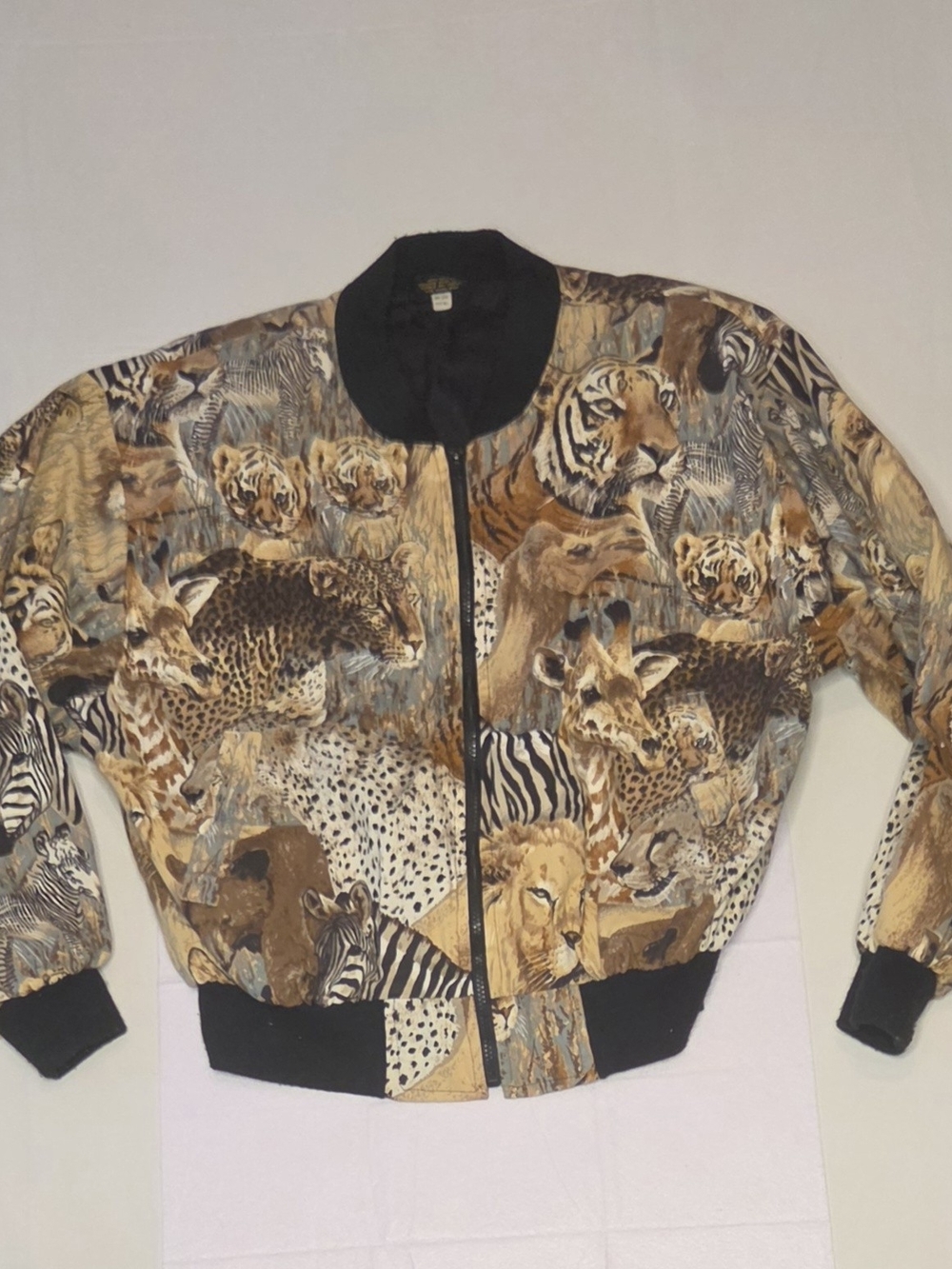 Vintage 90s Infinity Chic Safari Wildlife Print Cotton Bomber Jacket O/S